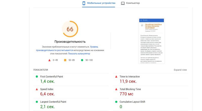скорость сайта devaka.ru для мобильной версии